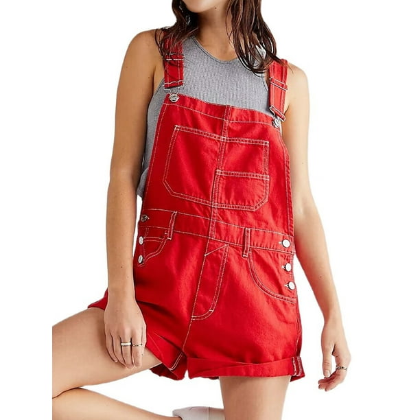 Pantalones Cortos Vaqueros para Mujer, de Verano Informales, Holgados, Ajustables, con Tirantes. Rojo S