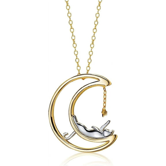 S.Leaf Sterling Silver Moon Cat Necklace Cat Pendant Charm Necklaces for Women Cat Lovers(Gold)