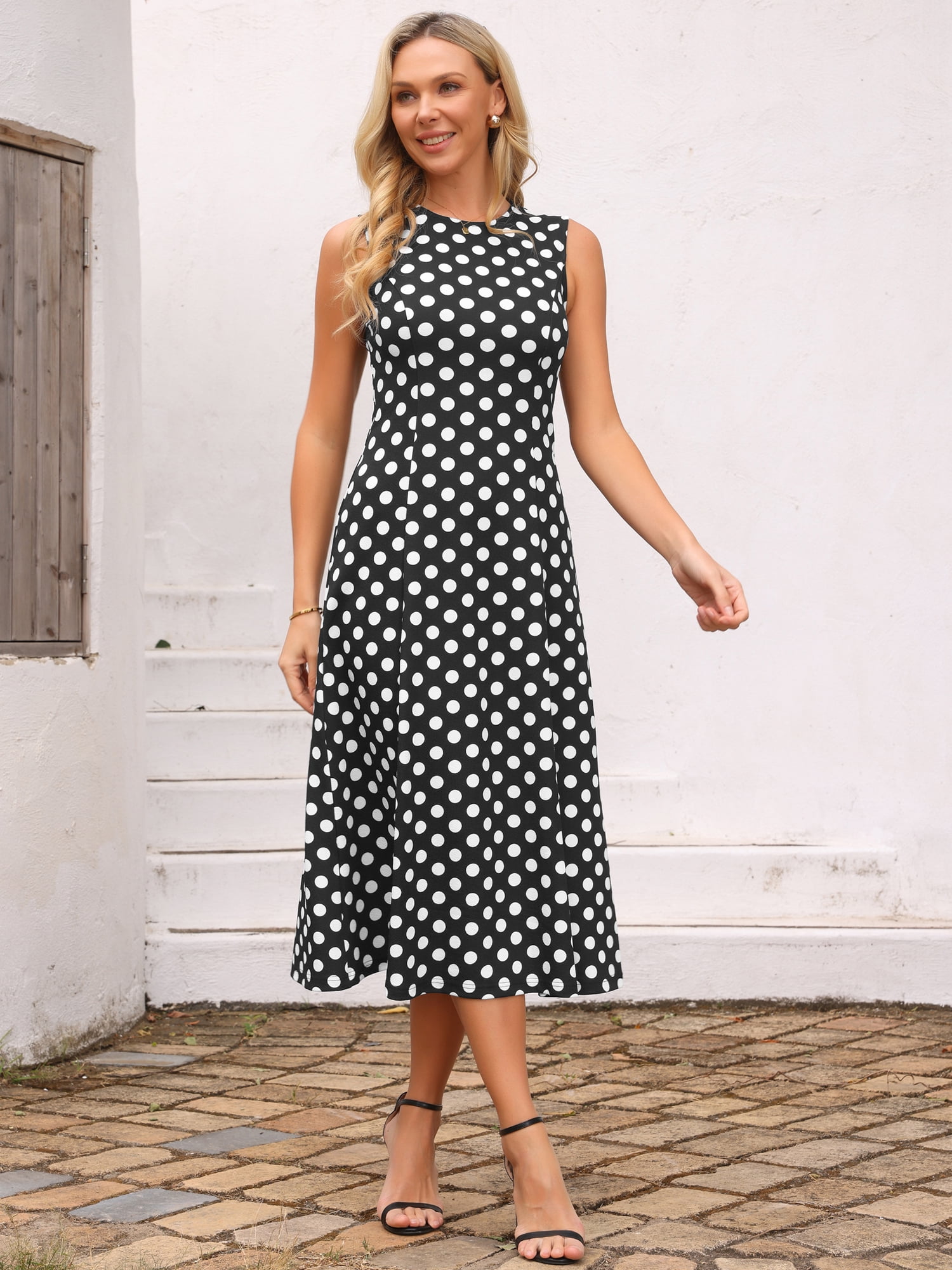 DARING DIVA Women's Polka Dots Sleeveless Sundress Vintage Crewneck Midi Dress L Black