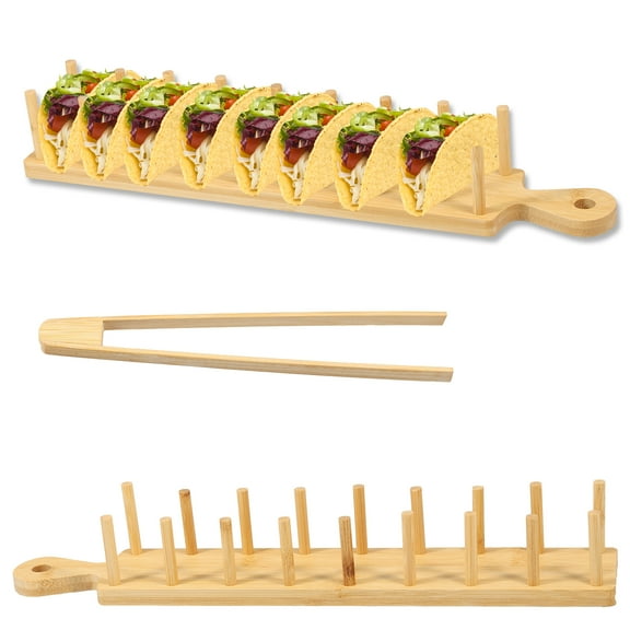 NewSoul Bamboo Taco Tray with Tong Rectangular Taco Holder Holds 8 Soft or Hard Shell Tacos Large Taco Holder Stand Multipurpose Taco Rack for Home Kitchen Tortillas Burritos