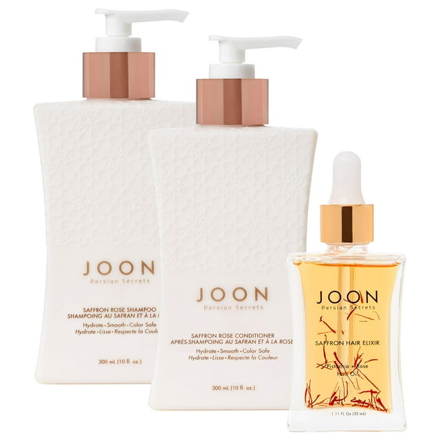 Juego de trío hidratante Joon | Elixir para el cabello con azafrán de 1,1 oz, champú y acondicionador de rosa con azafrán de 10,1 oz