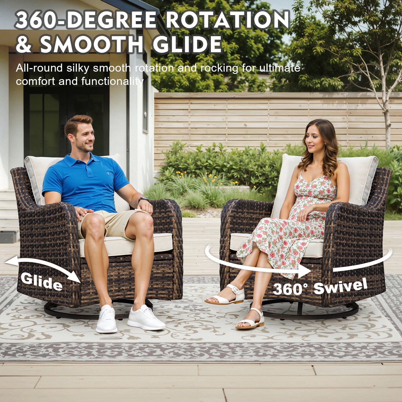MEISSALIVVE 7 Pieces Patio Furniture Set with Dining Table, Outdoor Wicker Conversation Set with Wicker Armrest Chairs, 2 Ottomans, Beige