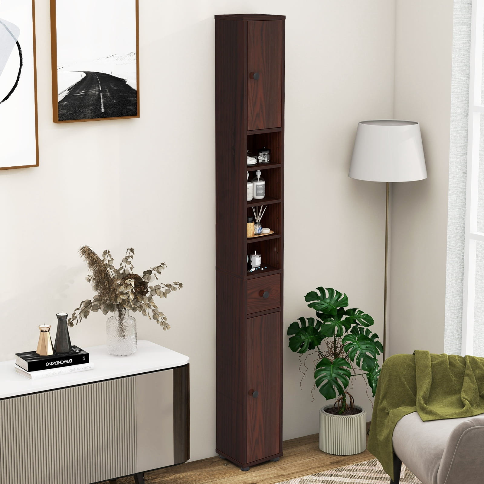 Costway 71" Slim Bathroom Storage Cabinet with 2 Doors 5 Adjustable Shelves 1 Drawer Brown