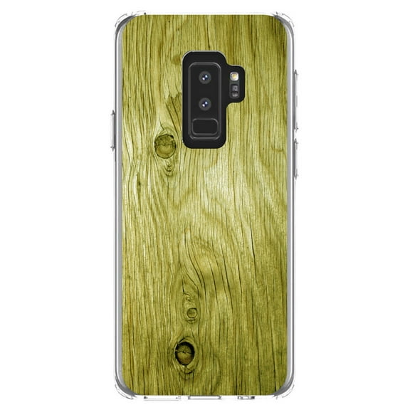 DistinctInk Clear Shockproof Hybrid Case for Samsung Galaxy S9  PLUS (6.2" Screen) - TPU Bumper, Acrylic Back, Tempered Glass Screen Protector - Yellow Weathered Wood Grain Print - Printed Wood Image