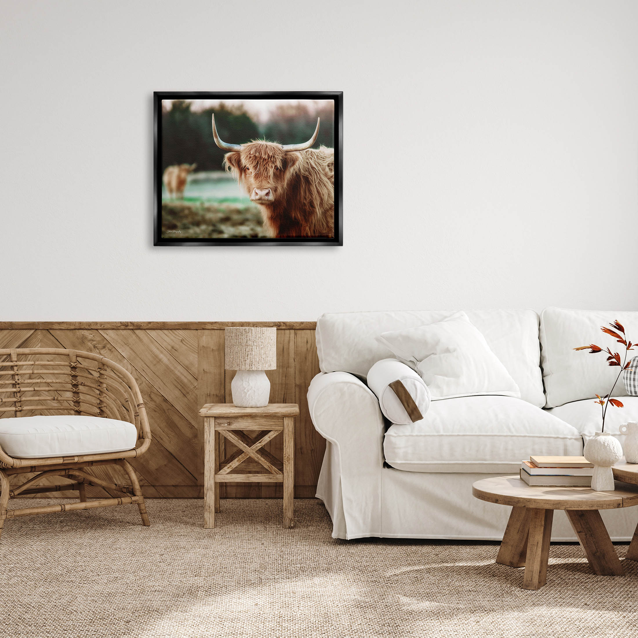 Stupell Industries Highland Cattle Gazing Photography Photograph Jet Black Floating Framed Canvas Print Wall Art, Design by Dakota Diener