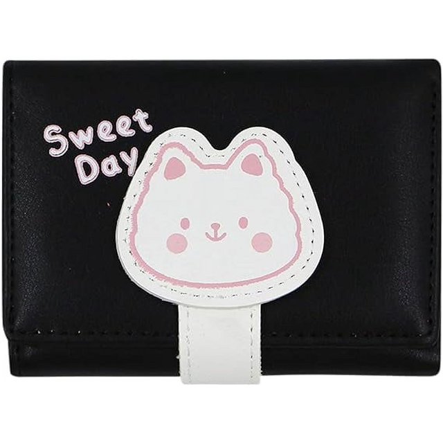 Cute Cat Girls Wallet for Teens Kids Women Slim Tri-Fold Wallet Purse Card Holder Organizer With Paw Pendant