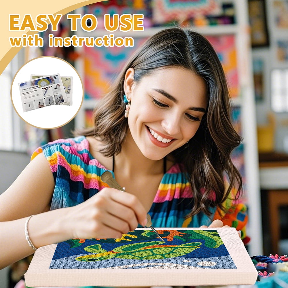 Polyester Cotton Punch Needle 4Folded Yarns Embroidery Kits Included Threader Cotton Thread Punch Needle Thread Clips 3.5MM Wooden Needle Turtle