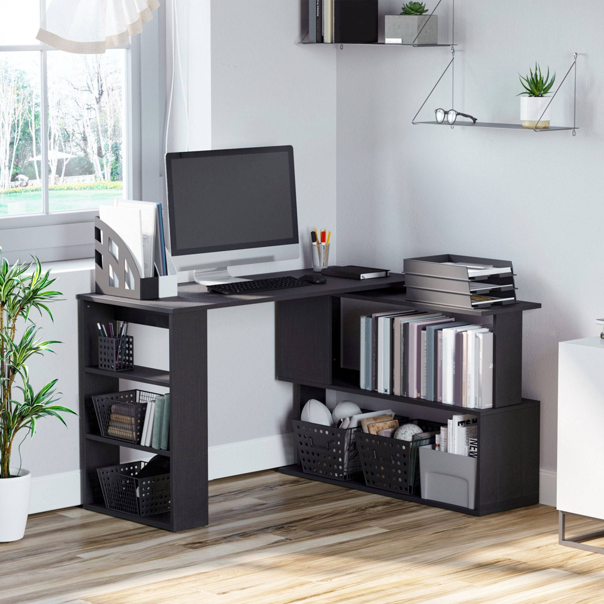 HomCom 360° Rotating Home Office Corner Desk and Storage Shelf Combo Modern L Shaped Rotating Computer Desk with Bookshelves