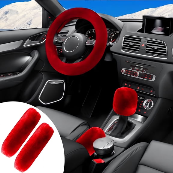 LADYGYM 2026 New 5 Pcs/Set Faux Rabbit Fur Fuzzy Steering Wheel Cover,Soft Warm Winter Gear Knob Shift Handbrake Fluffy Cover,Seat Belt Pads Kit,Universal Fit