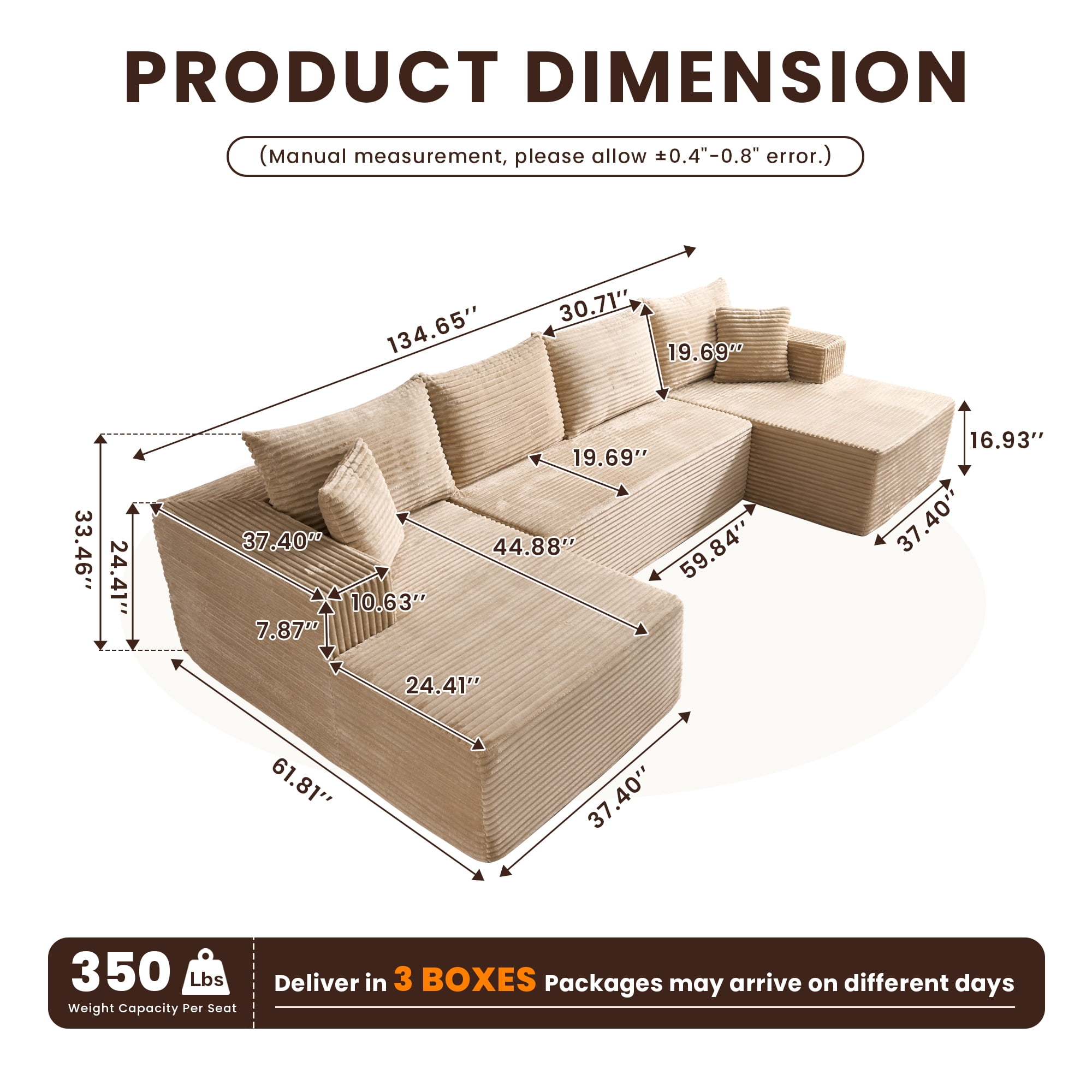 Vcatnet 135" Oversized Cloud Sectional Sofa Couch Plush Corduroy Couch L Shaped Modern Minimalist Couch with Chaise for Living Room, Beige