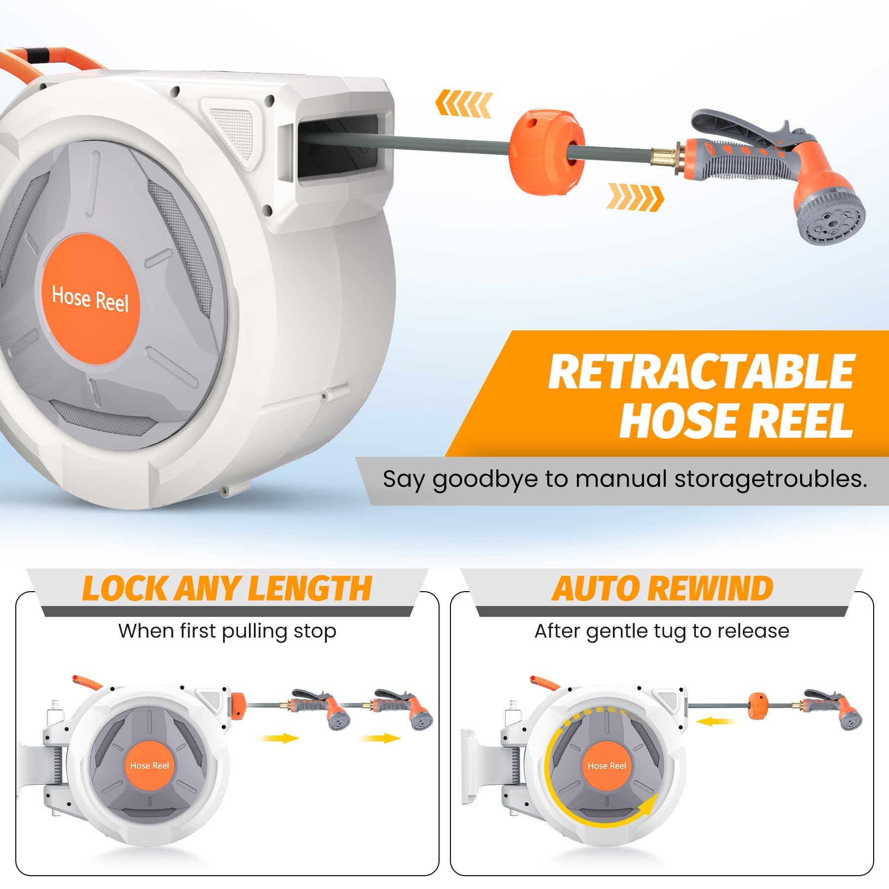 Kojooin Wall Mounted Retractable Hose Reel – Automatic Rewind, Adjustable Length Lock, 180° Swivel Bracket, Slow Return System