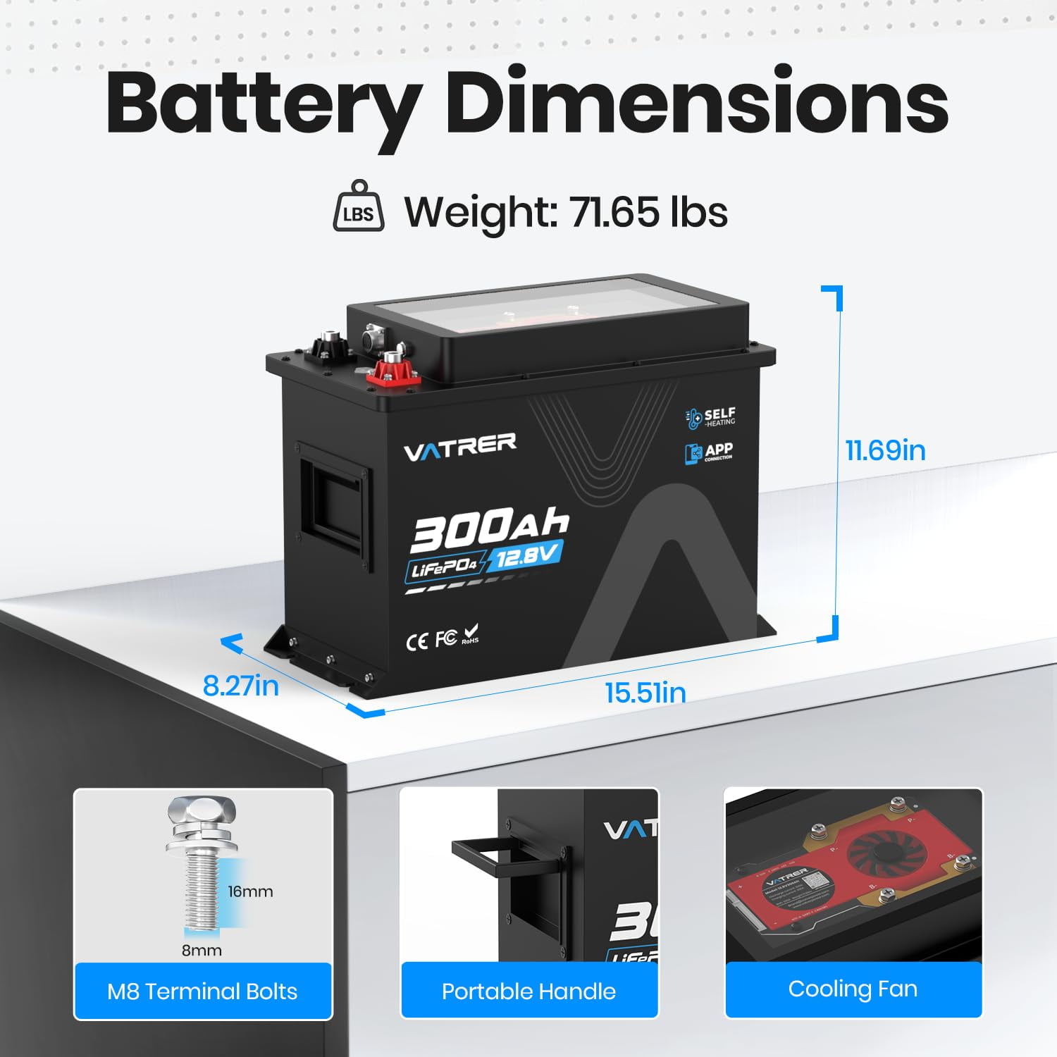 VATRER POWER 12V 300Ah RV LiFePO4 Battery with Self-heating, Active Balancing, APP Monitoring, 5000+ Cycles Lithium Battery, Perfect for RV, Motorhome