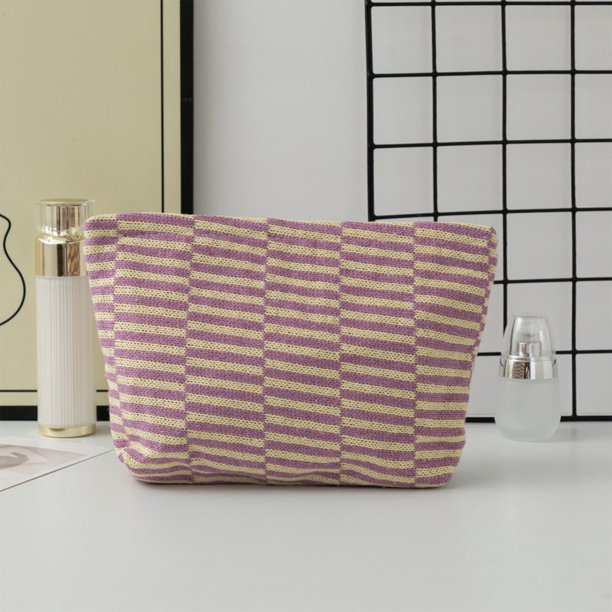 Bolso Cosmético Tejido de Lana con Bloque de Color a Rayas, Verde Rojo, Poliéster, Gran Capacidad 25x17x6cm, Estuche para Lápices Portátil Multifuncional