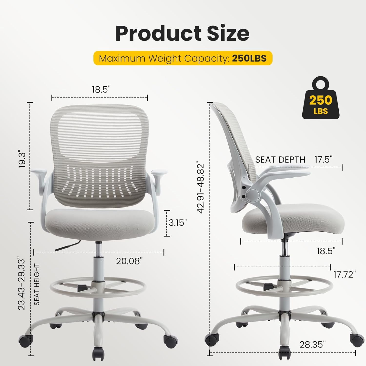 Nextay Tall Drafting Chair - Ergonomic Office Stool with Flip-Up Arms, Footrest & Lumbar Support