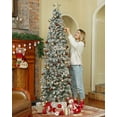 OasisCraft 6.5Ft Snow Flocked Artificial Pencil Christmas Tree, Hinged Snowy Slim Xmas Tree