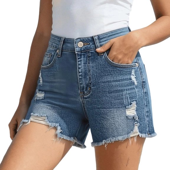 Yifymode Jean Shorts Womens Summer Mid Rise Stretchy Ripped Denim Shorts Casual Mid Thigh Cut Off Jorts with Pockets,Light Blue S