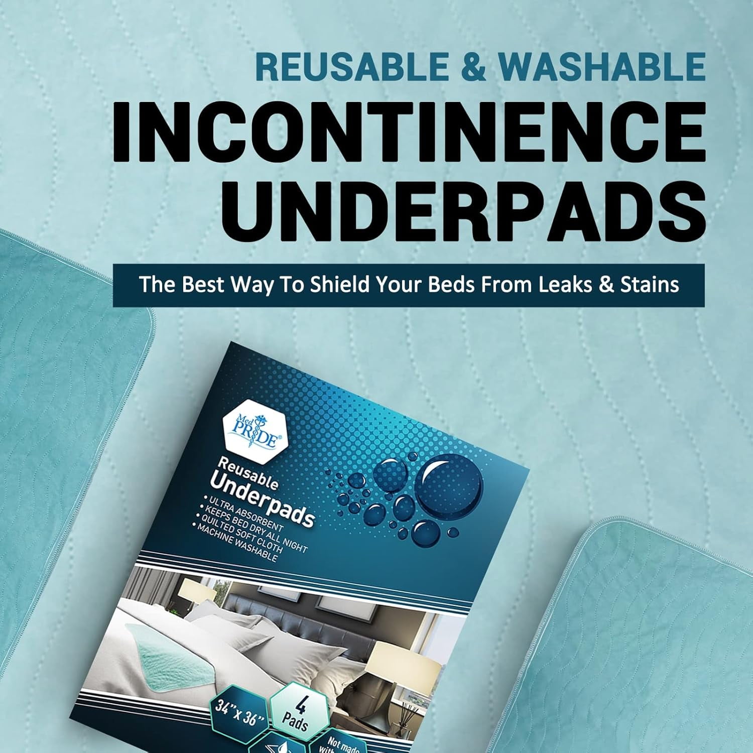 MEDPRIDE Washable Bed Pads for Incontinence, Reusable Bedwetting Underpads 34x36in, Pack of 4 – High Absorbency Adults & Women
