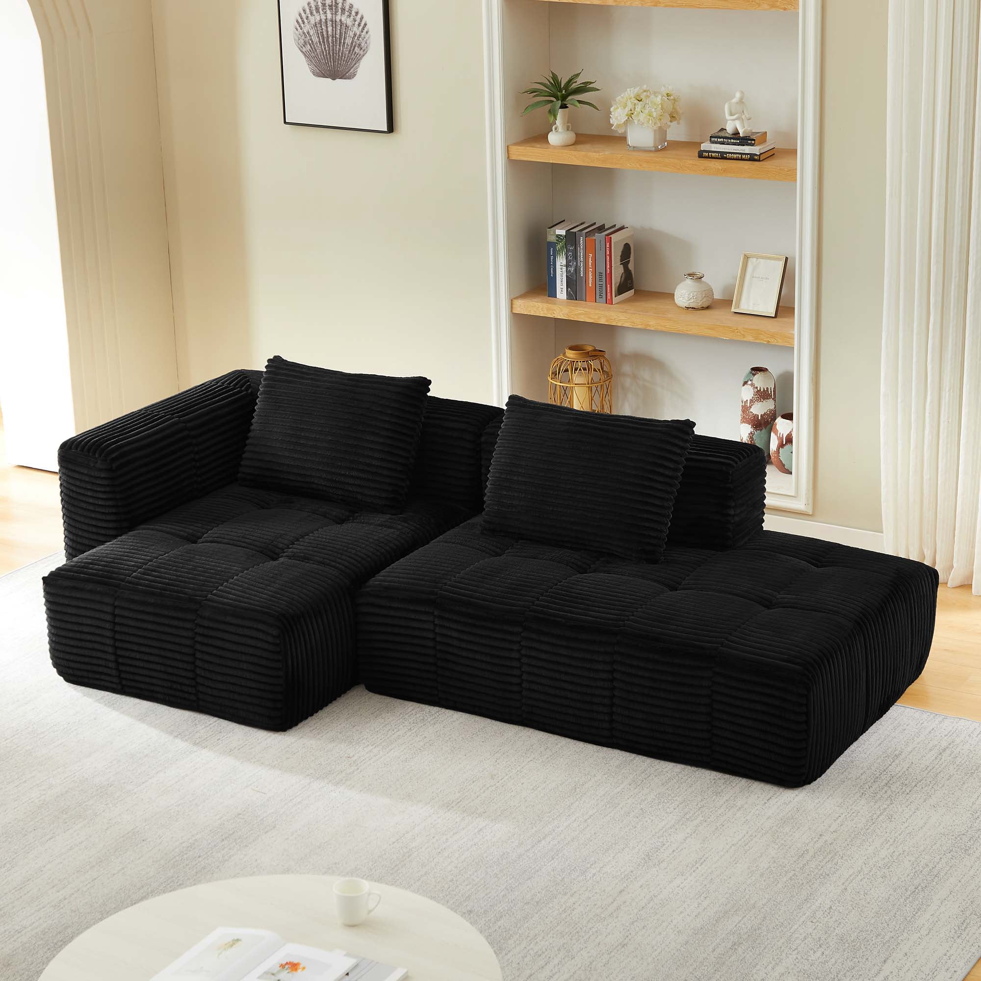 Miniyam 108 in 3 Seats L-Shape Modular Compressed Couch, Sectional Sofa with Chaise Lounge, Upholstered Oversized Tufted Couches for Living Room, Black