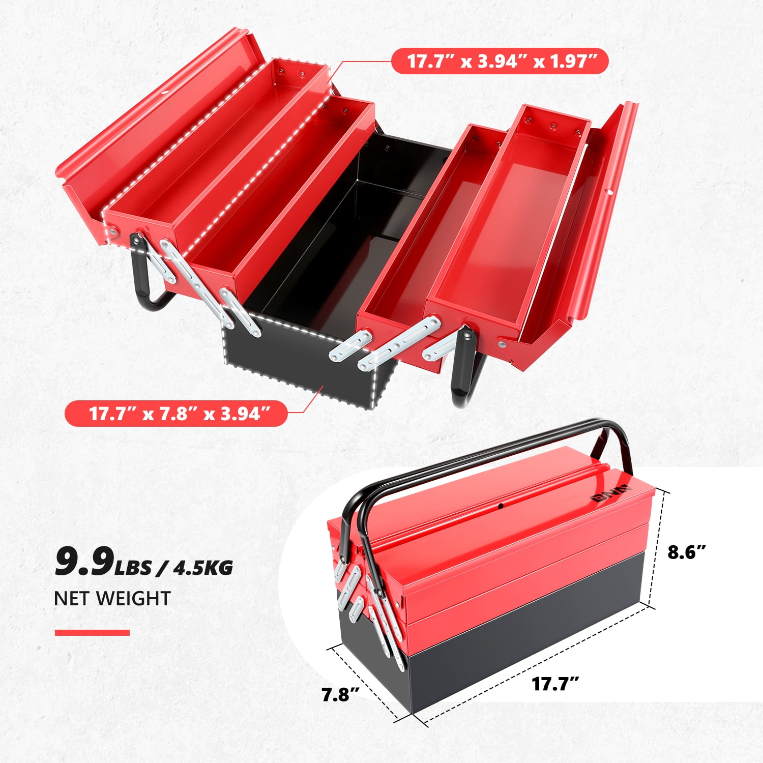 DNA Motoring TOOLS-00411 Red 18" 3 Level Multi-Function Foldable Repair Tool Box Storage With Lock Hole + 5 Drawers + Handle
