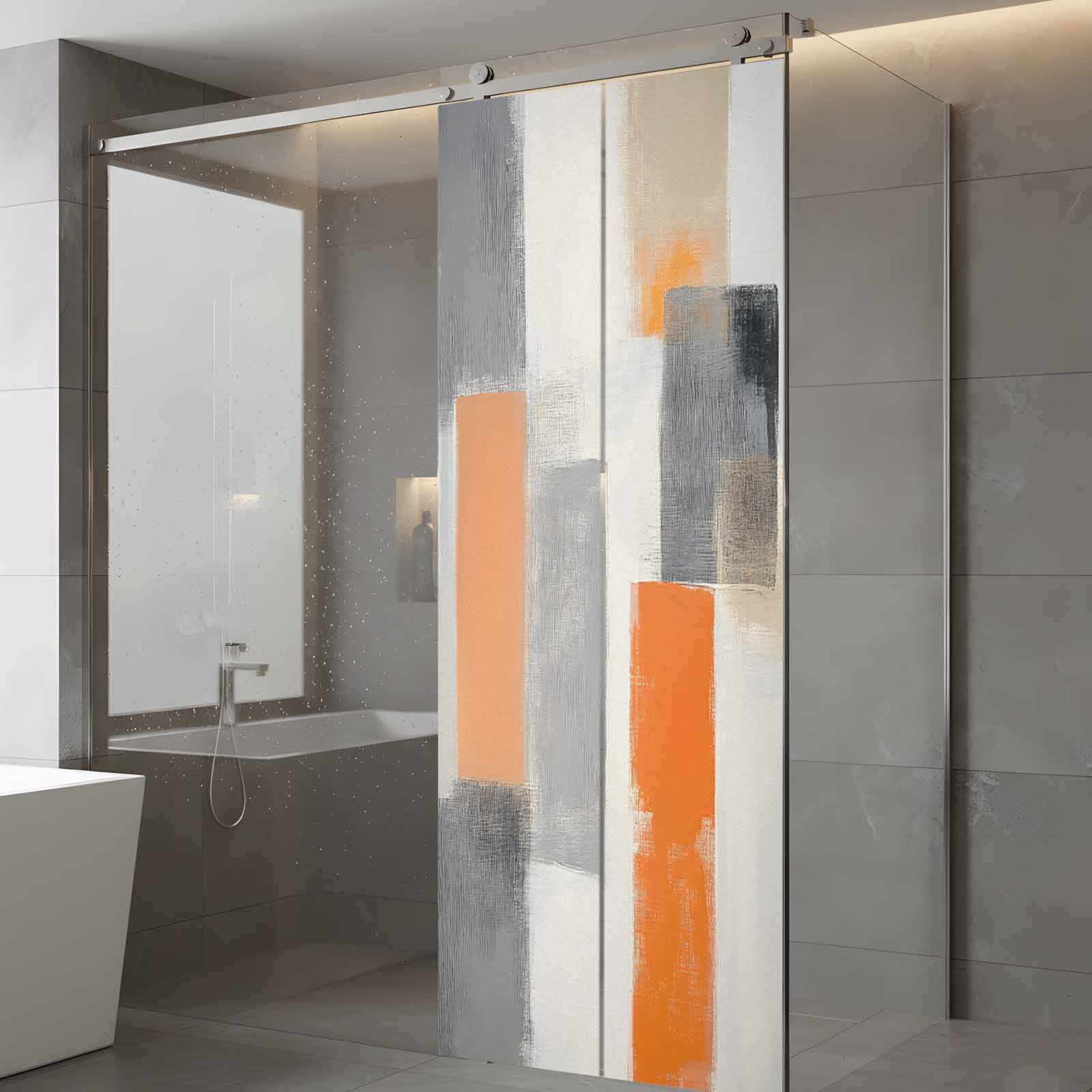 Modern Orange Beige Grey Window Privacy Film, Abstract Geometric Oil Painting Static Cling UV Sun Blocking Tint Film Heat Control Windows Films for Bedroom Bathroom, Window Stickers 29.5"x78.7"