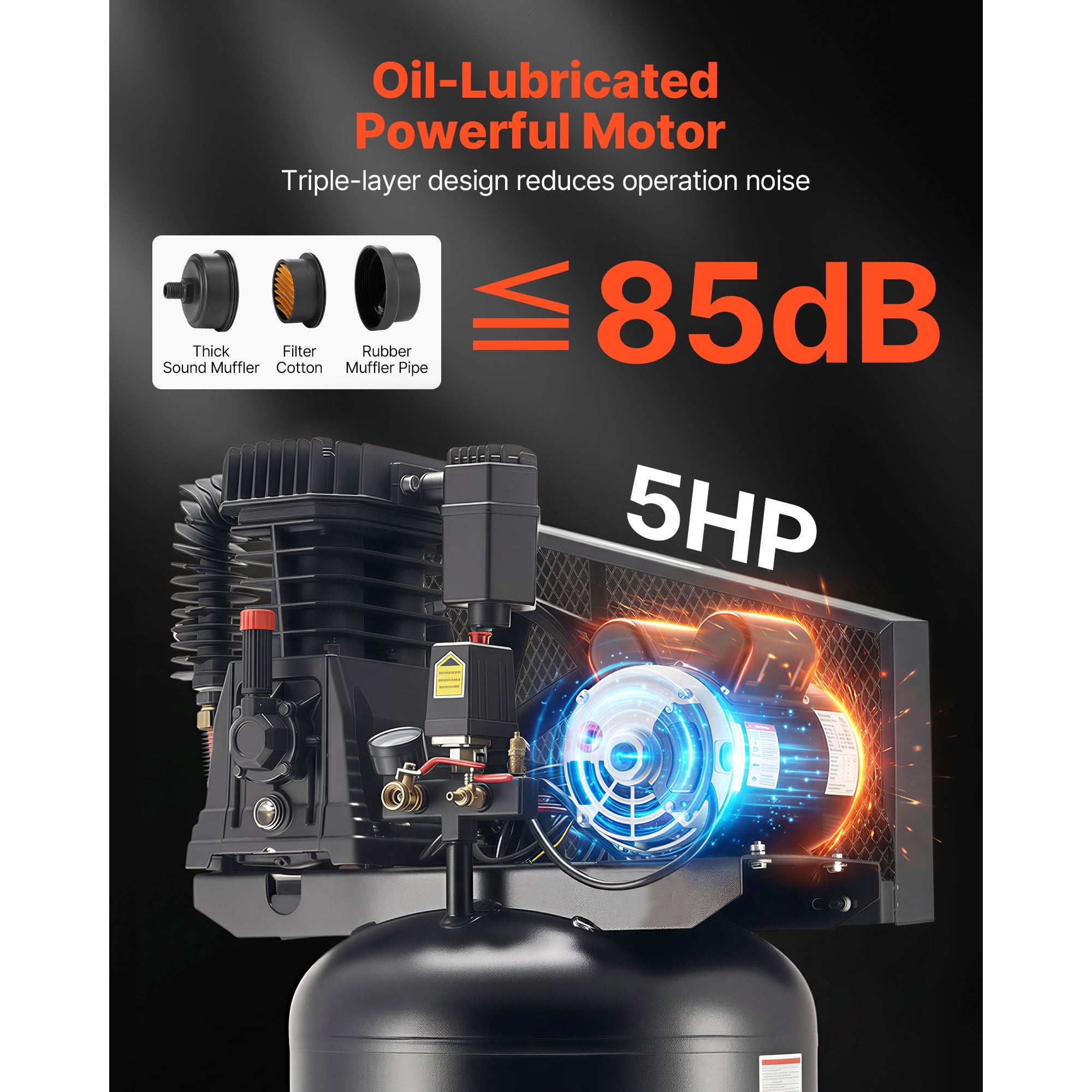KFFKFF 60-Gallon Heavy-Duty Air Compressor, 5HP, 12 SCFM at 90 PSI, Max 145 PSI Pressure, Oil-Lubricated Tank for Industrial Use and Large Workshops (230V, No Plug)