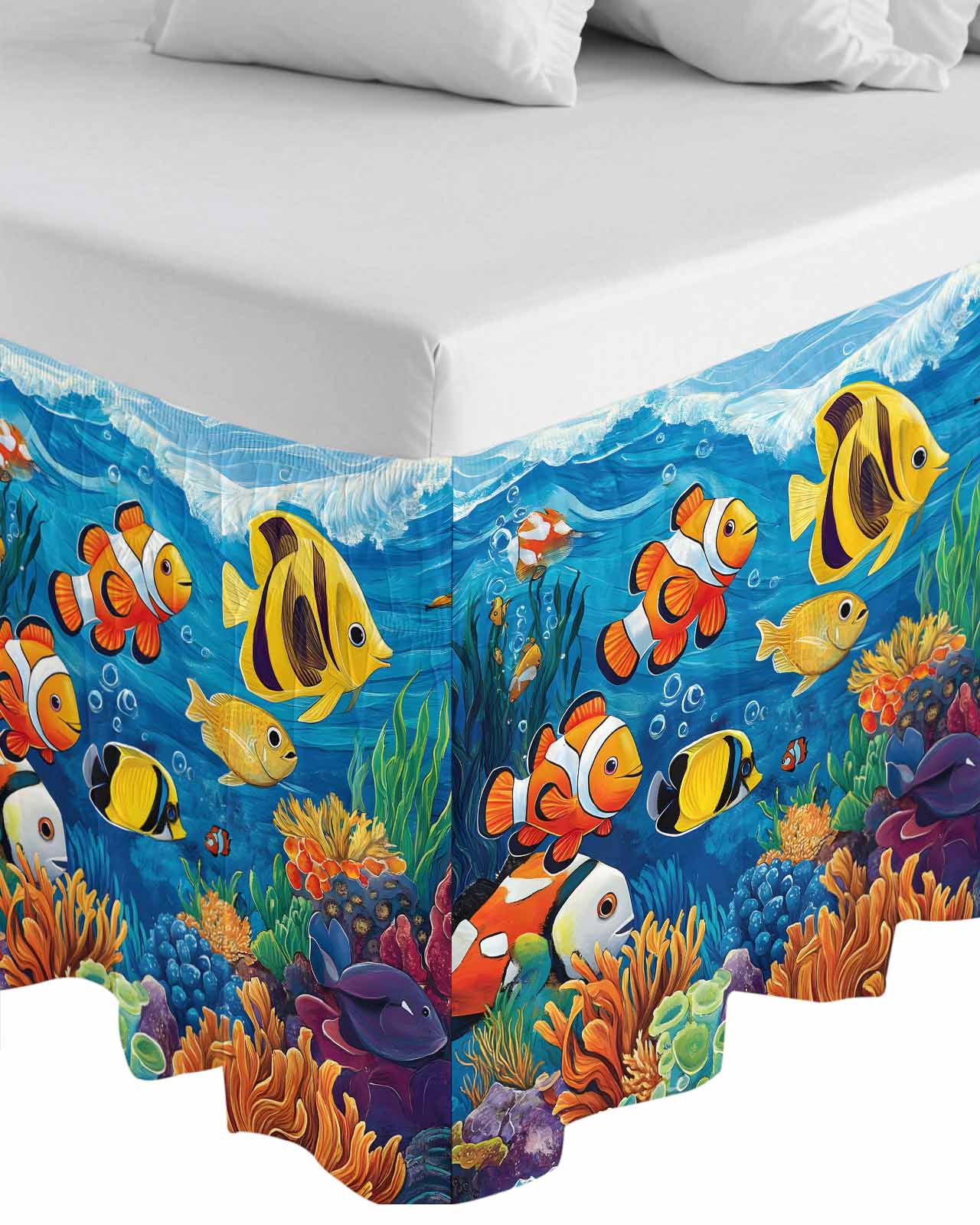 Ocean Tropical Ruffle Bed Skirt King Size Marine Life Colorful Fish Coral Seagrass Adjustable Elastic Dust Bed Skirts Wrap Around Bedskirt Wrinkle Free Easy Fit with 16 Inch Drop