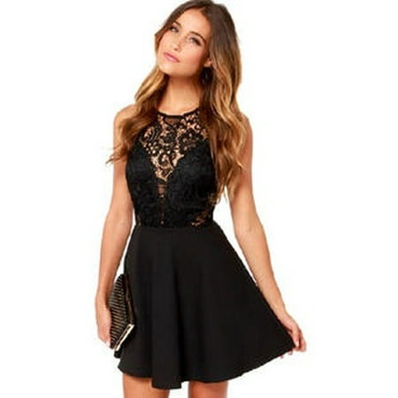 Sexy Black Slinky - Women Round Neck Lace Decorated Short Length Sexy Skirt Dress Black