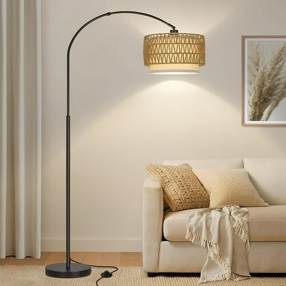 79" Adjustable Arc Floor Lamp - Modern Black Standing Light with Weighted Base, Drum Shade - for Living Room, Bedroom, Office (120V, E26 Socket)