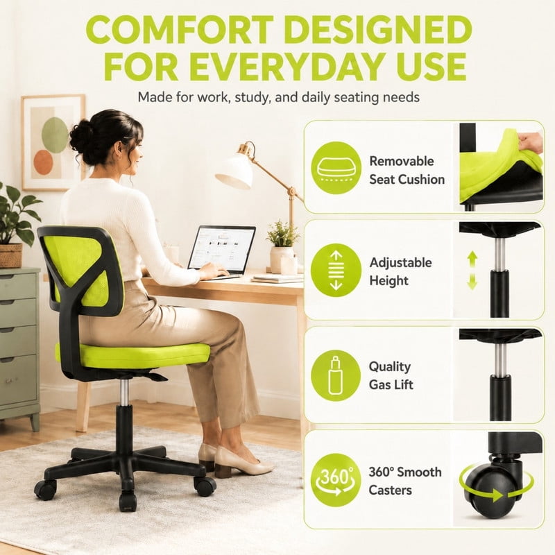 BEAUTYPEAK Desk Chair with Y-Shaped Lumbar Support Adjustable Armless Mesh Office Chair with Wheels for Home Office, Lime Green