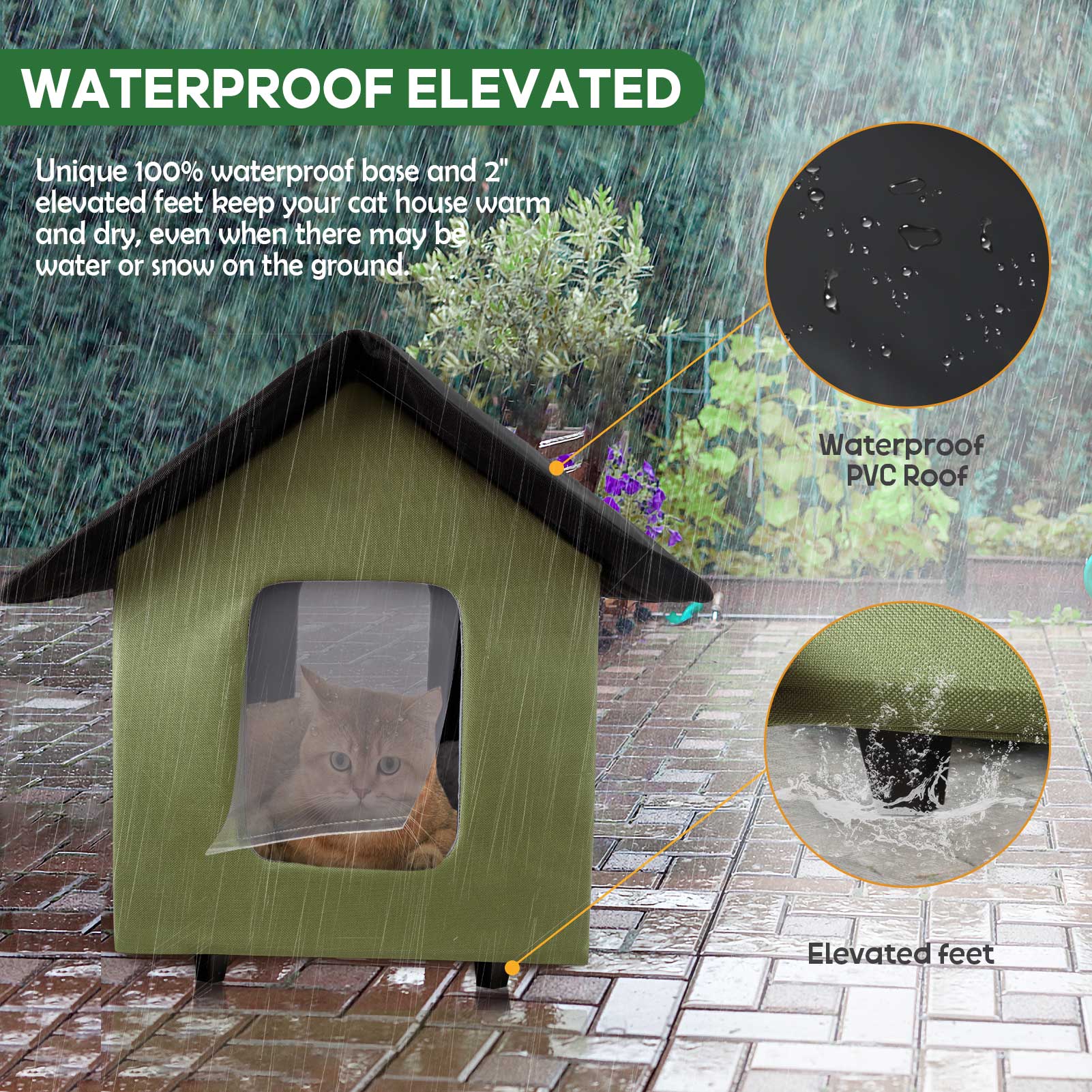 Heated Cat Houses for Outdoor Cats - Elevated Weatherproof Insulated Heated Outdoor Cat House for Winter - Feral Cat Shelter for Outside Cats - Outdoor Heated Cat House (Green)
