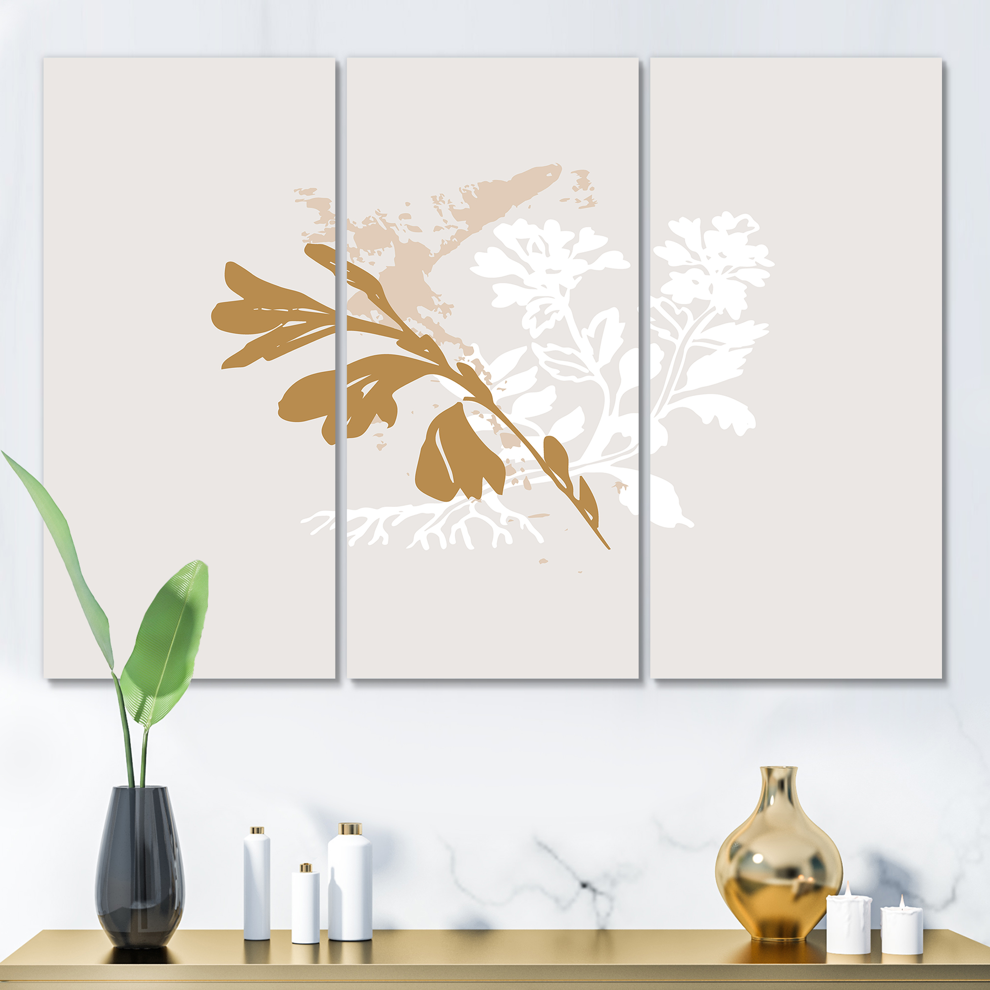 Designart ' Minimal Botanical Design In White and Brown ' Traditional Canvas Wall Art Print