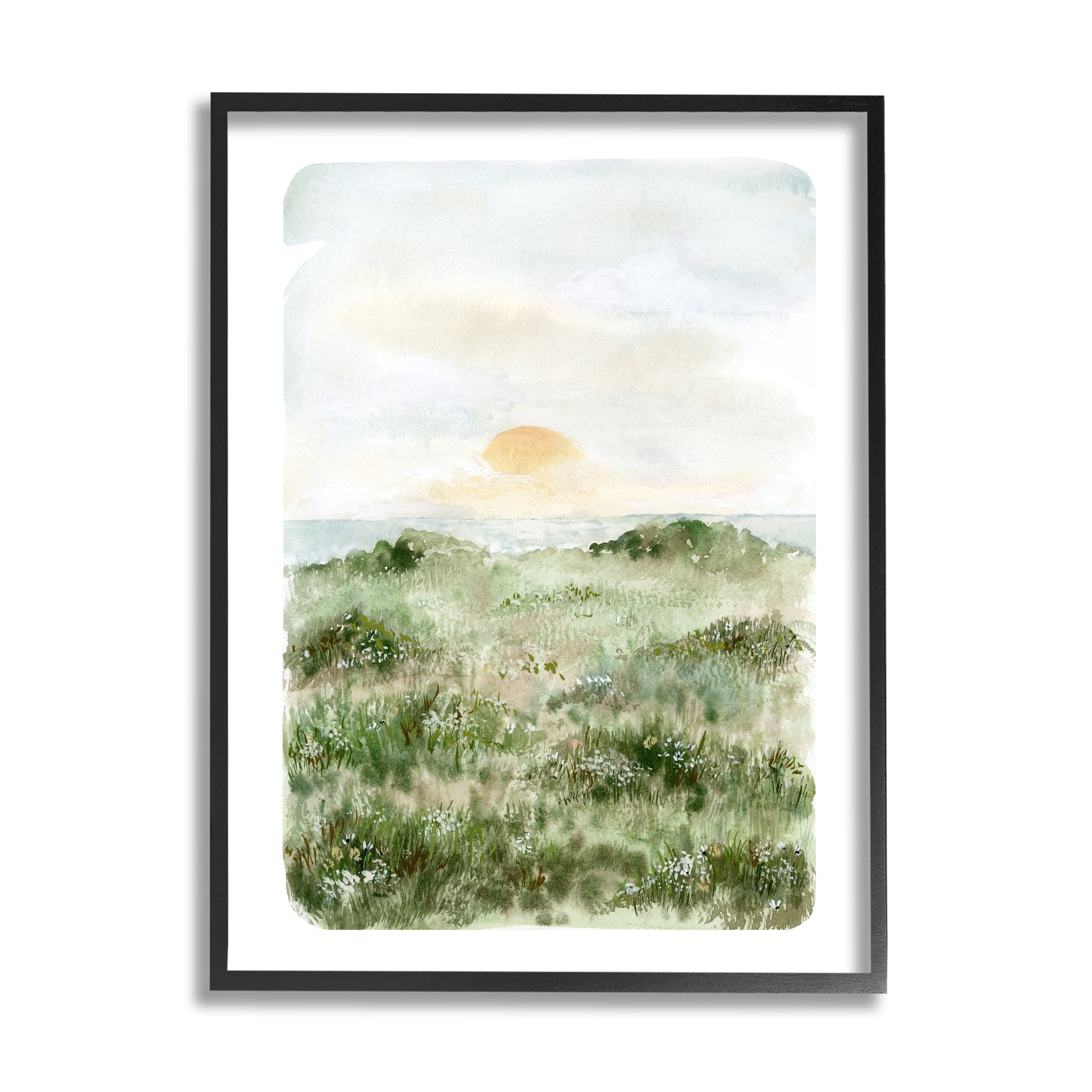 Stupell Industries Grassland Field Sun Peeking Ocean Horizon Painting Gray Framed Art Print Wall Art, Design by Leah Bisch