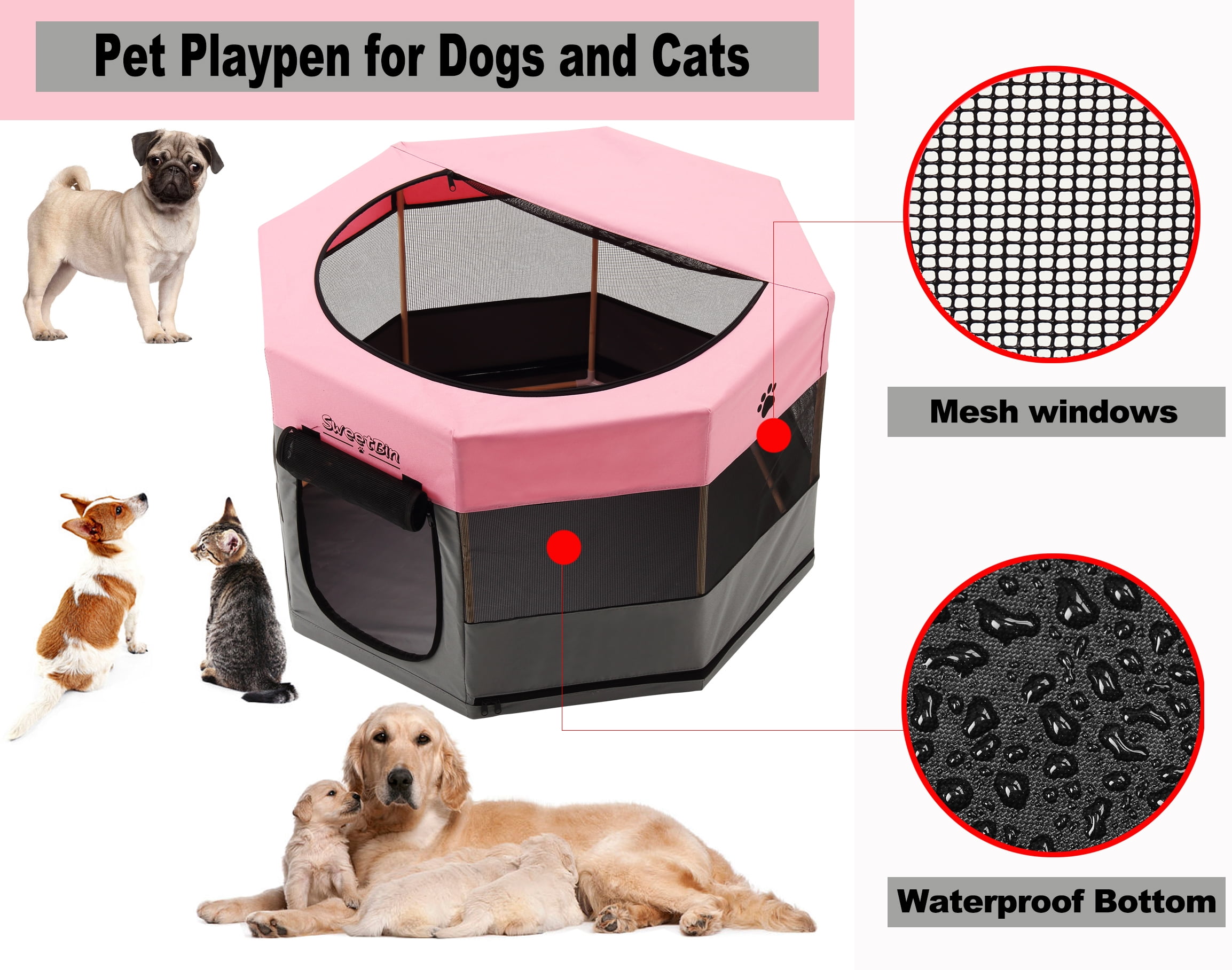 Medium Wood Frame Dog Playpen for Medium Dogs,Cat Playpen with Waterproof Bottom,Travel Pet Play Pen with Side Door for Puppies (36" x 36" x 23", Pink)