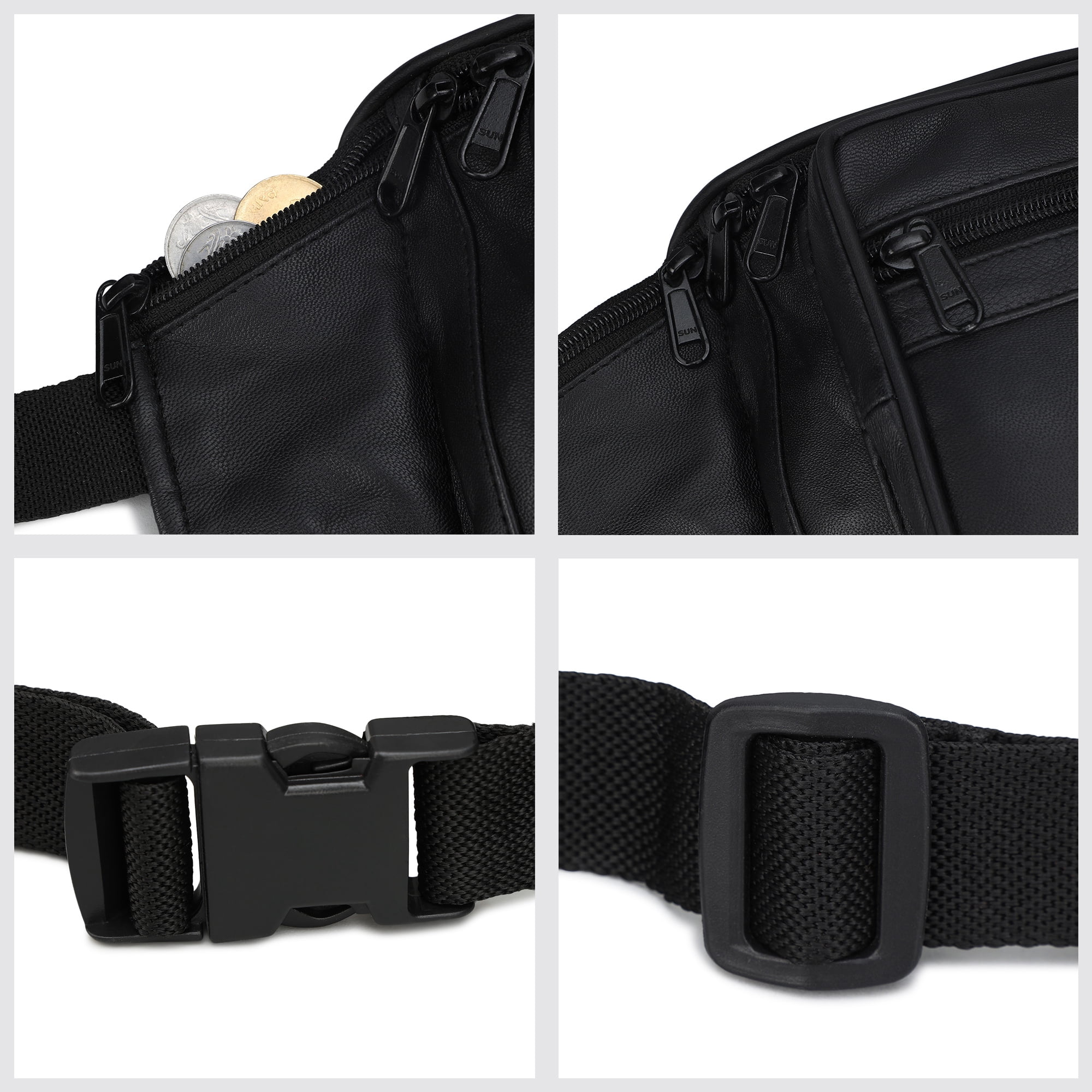 Leather Black Unisex Jumbo Fanny Pack with Side Zipper Pockets by Leatherboss