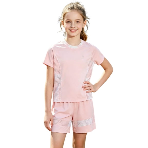 NAISIBABY Girls Athletic Outfit Sets, Sun Protection Quick Dry Short Sleeve T-Shirt & Shorts Summer Breathable Activewear 2-Piece Pink Size 12