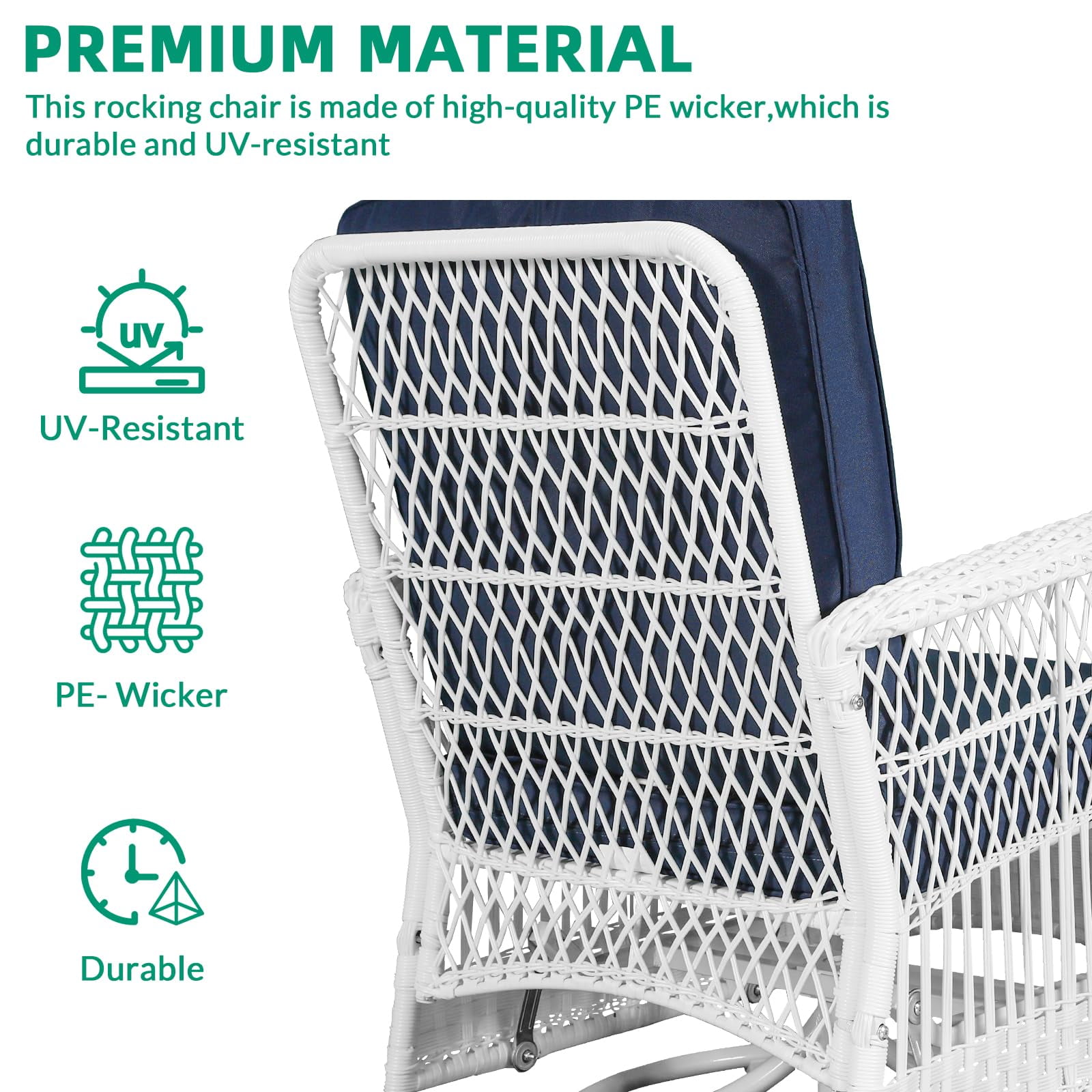 VIVIJASON 3-Piece Outdoor Conversation Bistro Set, Patio Swivel Glider Rocking Chairs Rattan Furniture Sets w/ 2 White Rattan Chairs, Glass Top Side Table for Porch Backyard, Navy Blue Cushions