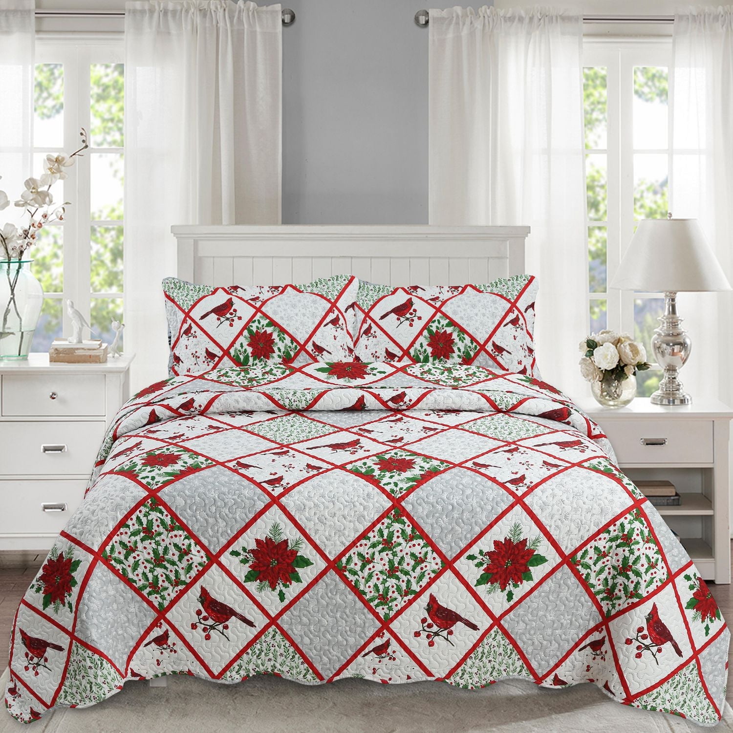 Marina Decoration Rich Printed Embossed Pinsonic Coverlet Bedspread Ultra Soft Bedding Summer Christmas Quilt Set with Shams, Xmas Red Cardinal Poinsettia Pattern