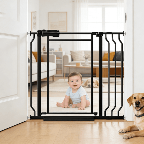 Fairy Baby Baby Safety Gate with Doorways,29"-37" Extra Wide Pressure Mount Pet Gate Black Metal