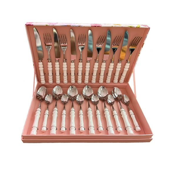24 Pcs Stainless Steel Flatware Set - Silverware Service for 6 With White Ceramic Handle