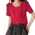 thumbnail image 1 of Camisa de mujer con botones, suéter de punto fino, camiseta informal de manga corta suave, rojo Speravity AP001278-03B, 1 of 7