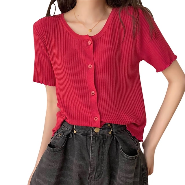 Camisa de mujer con botones, suéter de punto fino, camiseta informal de manga corta suave, rojo Speravity AP001278-03B