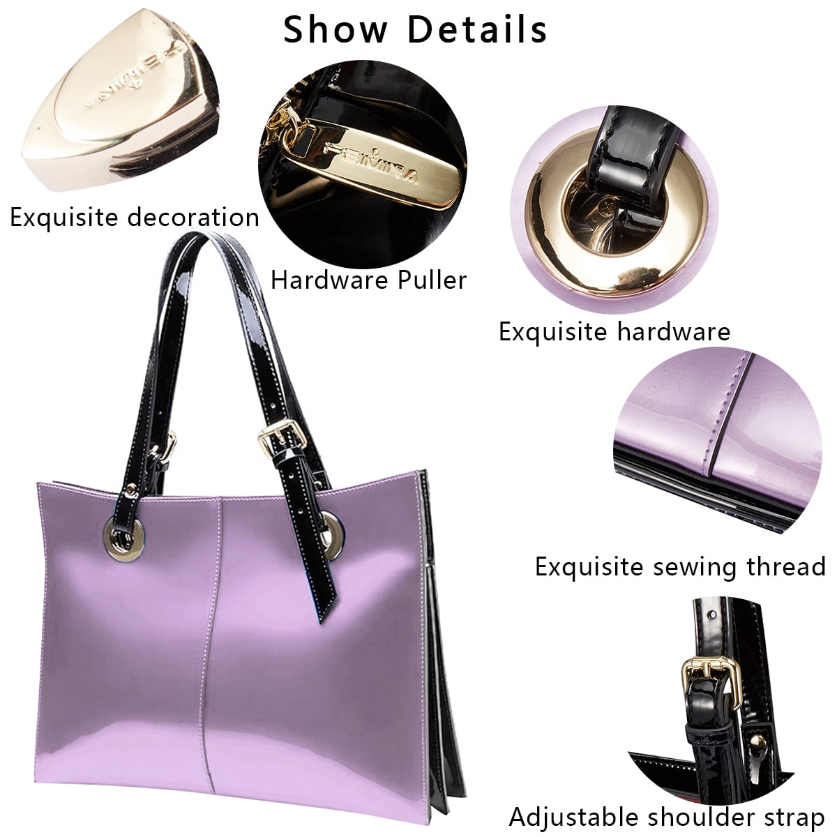 FEIMINA Patent Leather Shoulder Bag For Women,Designer Handbags Luxury Women,Genuine Shiny,Large Leather Bag, Large Capacity Purse Tote Bag,Light Purple Purse