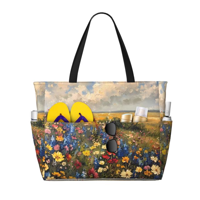 Disketp Vibrant Wildflower Meadow Bolsa de Playa de Gran Capacidad, Bolso Impermeable y a Prueba de Arena para Mujer, Ideal para Playa, Piscina y Natación