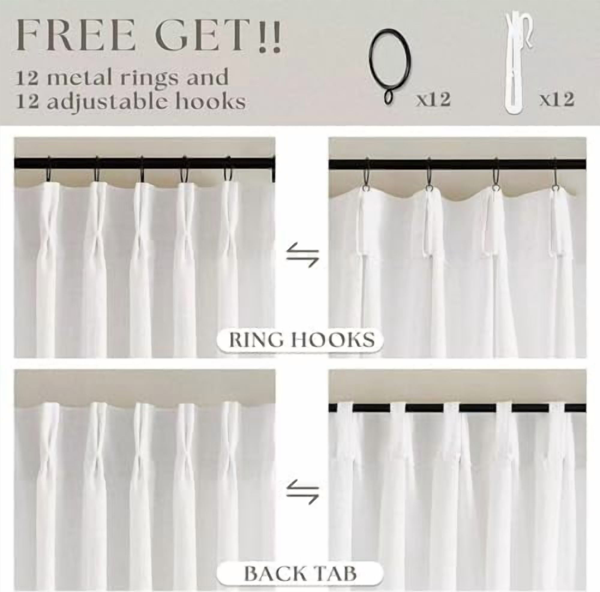 Beige White Pinch Pleated Linen Curtains 1 Panel for Living Room Bedroom Memory Training Shaped Semi Sheer Pleat Drapes with Hooks Rings Light Filtering Window Curtain 60x108