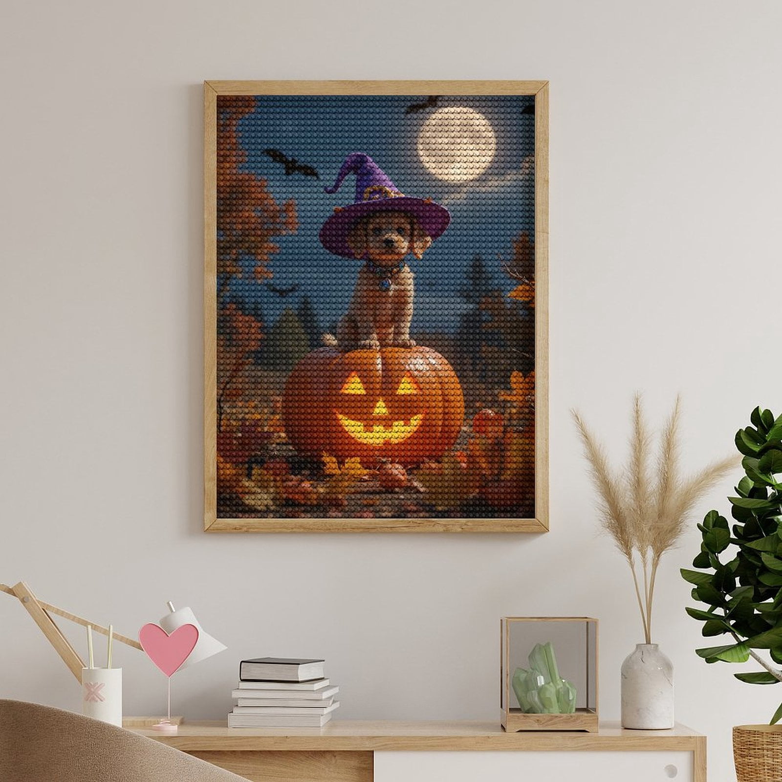 Diamond Art Kits for Adults, Puppy Halloween Pumpkin Moonlit Night 5D Diamond Painting Kits for Adults Beginners, DIY Full Drill Diamond Painting, Gem Art and Crafts 12x16