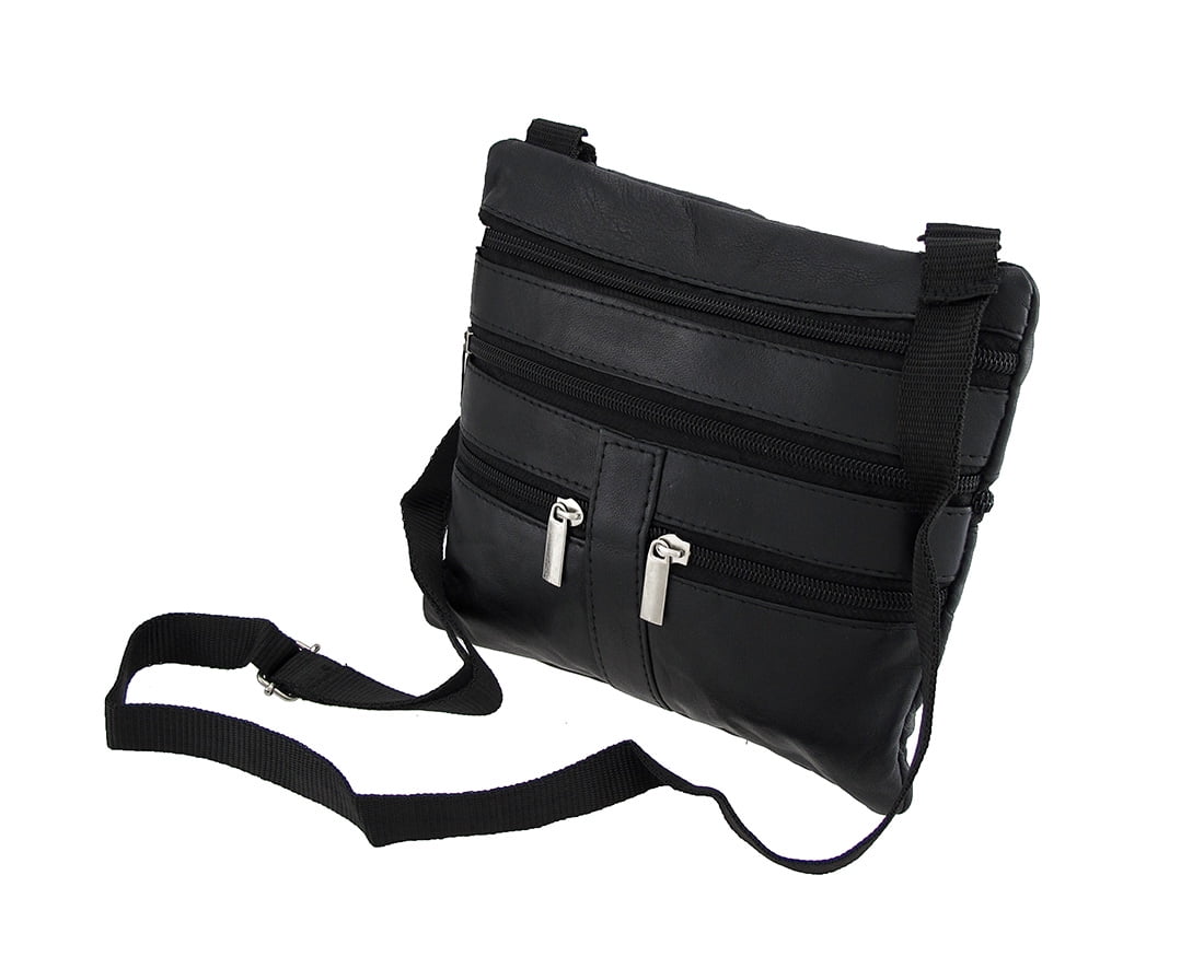Black Leather CrossBody Travel Bag with Adjustable Nylon Strap