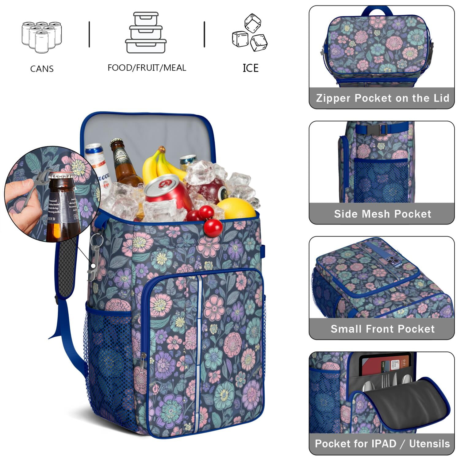 Travel Cooler Bag - Pioneer Flower Camping Beer Cooler Backpack with Bottle Opener- Waterproof Insulated Picnic Backpacks - Cooler Bag for Beach