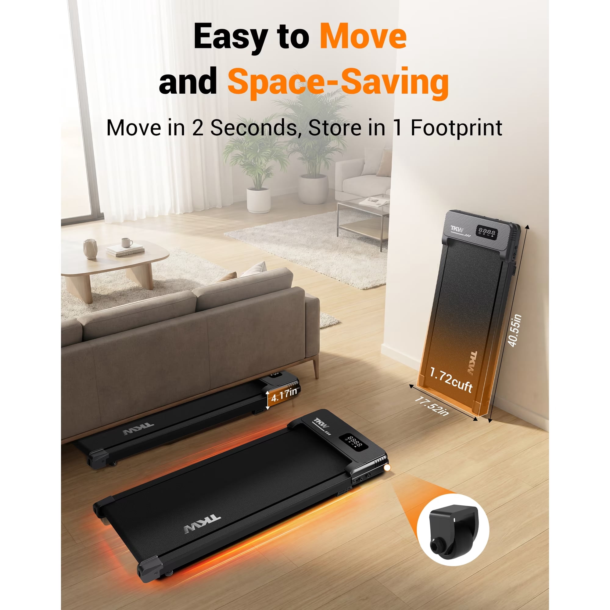 TKW 3-in-1 Under Desk Walking Pad with Adjustable Incline, Quiet 300 lbs Capacity Portable Treadmill for Home Office with Remote, Black