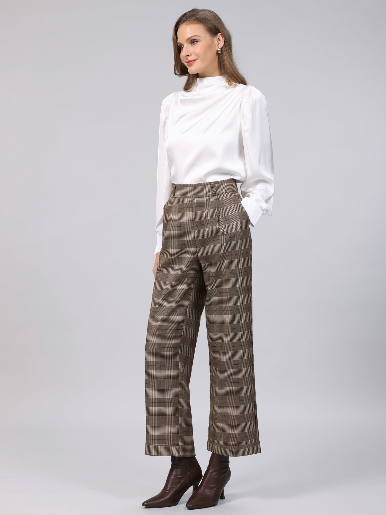 DARING DIVA Women's Plaid Work Pant High Waist Houndstooth Trousers XL Brown