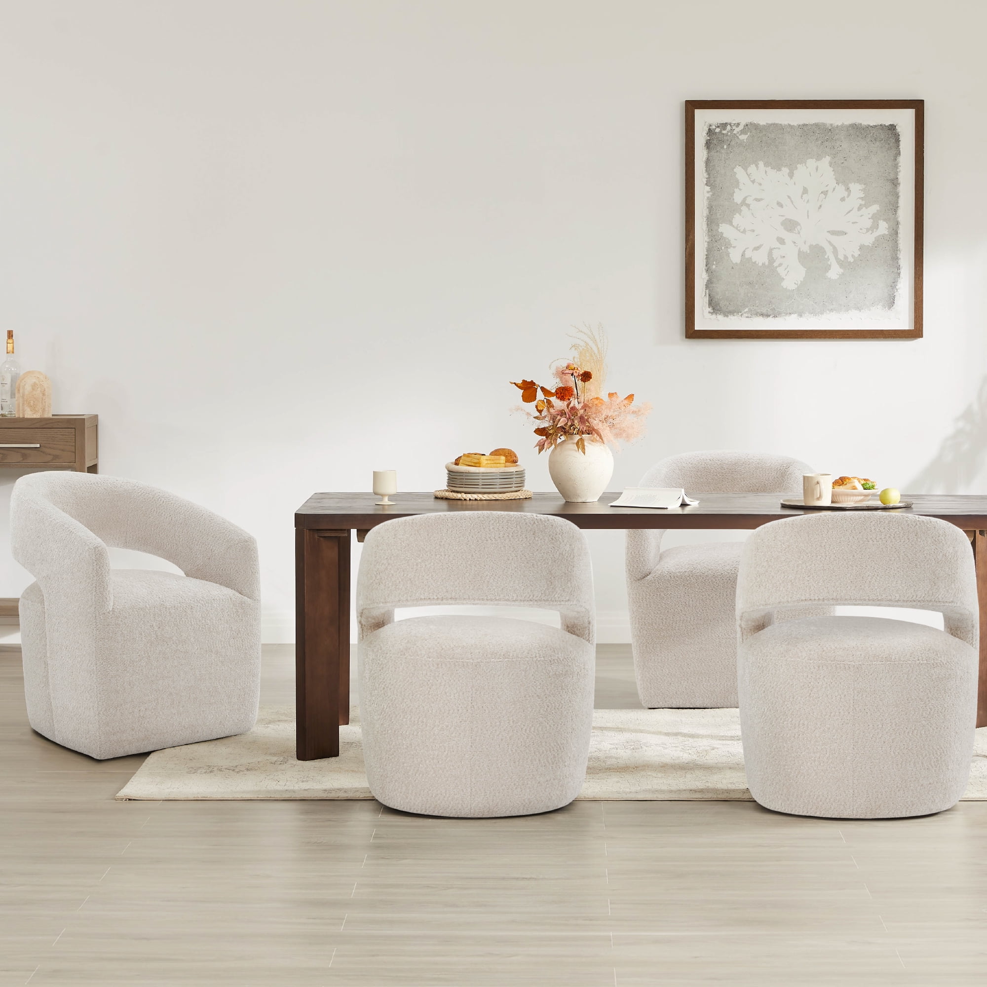 Spruce & Spring Barrel-Style Dining Chair with Upholstered Seat and Casters No Assembly Single, Beige-Fabric